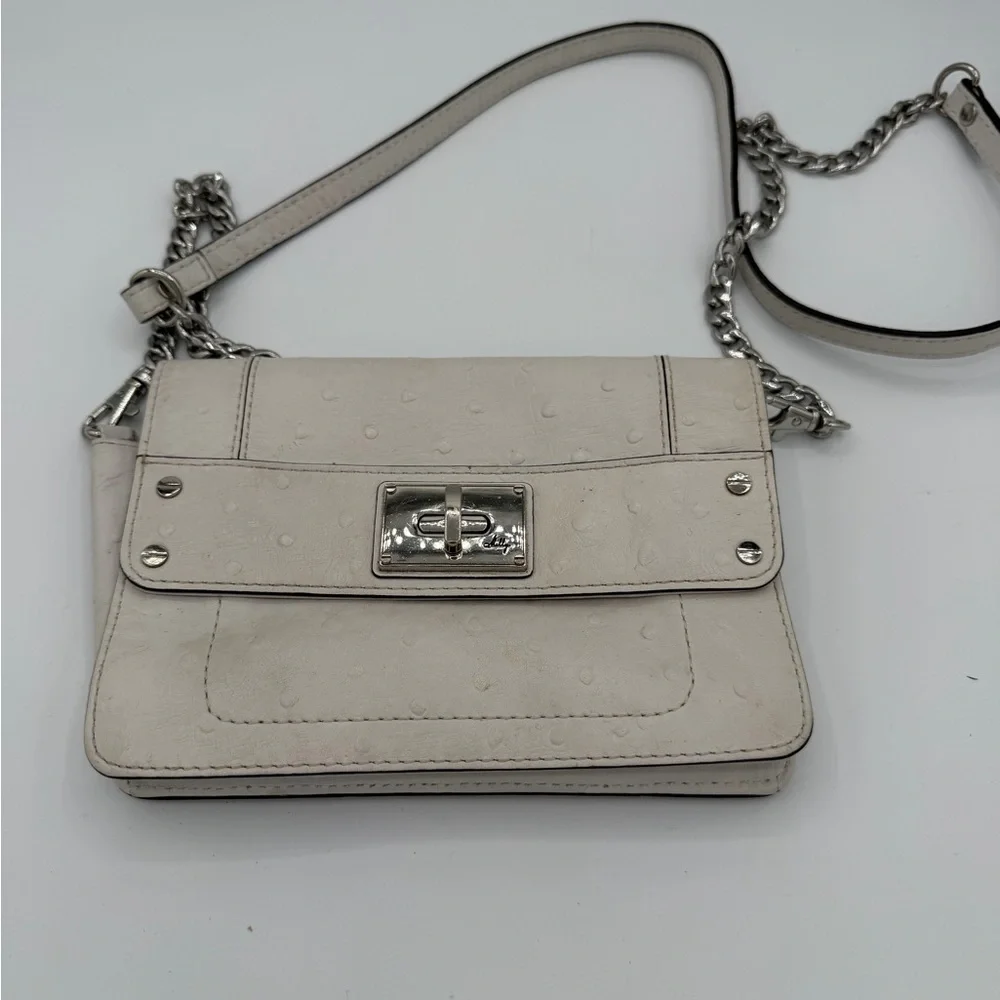 Milly White Textured Leather Baguette Shoulder Bag Silver Chain